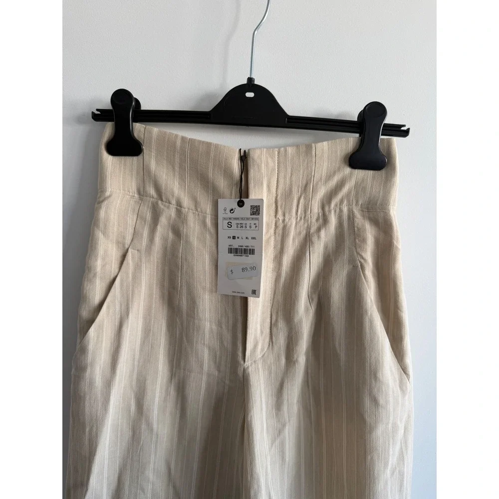 Zara High Waisted Linen Blend Striped Wide Leg Pants Beige Size S NWT
